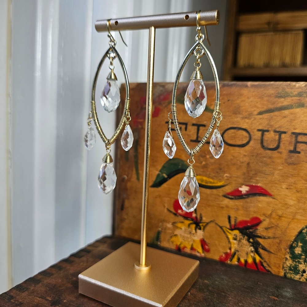 Handmade Crystal Dangle Earrings Women OS Gold Clear Chandelier Boho Wire Wrap